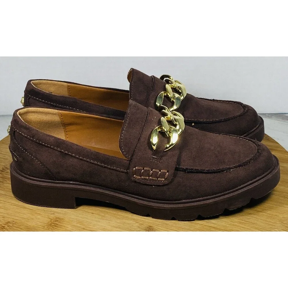 Anne Klein Loafers Brown Faux Suede Chain Detail Size 7M Chunky Preppy Classic